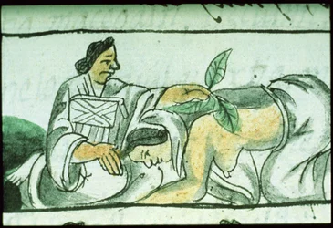 Ms Palat. 218-220 Livro IX Parteira asteca administrando ervas a uma mulher após o parto, do "Códice Florentino" de Bernardino de Sahagun, c.1540-85